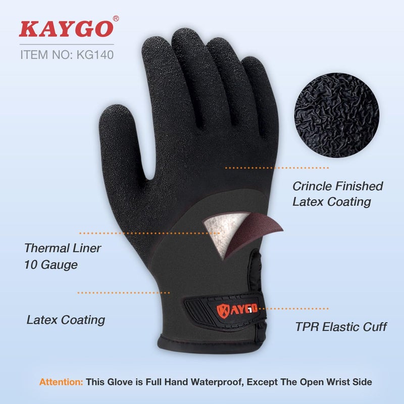 KAYGO Winter Waterproof Thermal Work Gloves for Men and Women, Full Hand Latex Coated, Acrylic Insulated Liner for Freezer Cold Weather, Fine Crinkle Grip,KG140W,Black,XL - Image 2